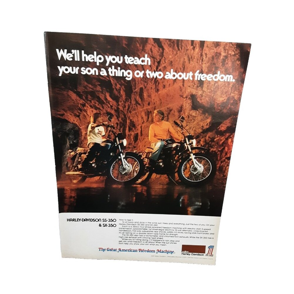 1974 Harley-Davidson SS-350 SX-350 Print Ad Father Son Freedom Motorcycle